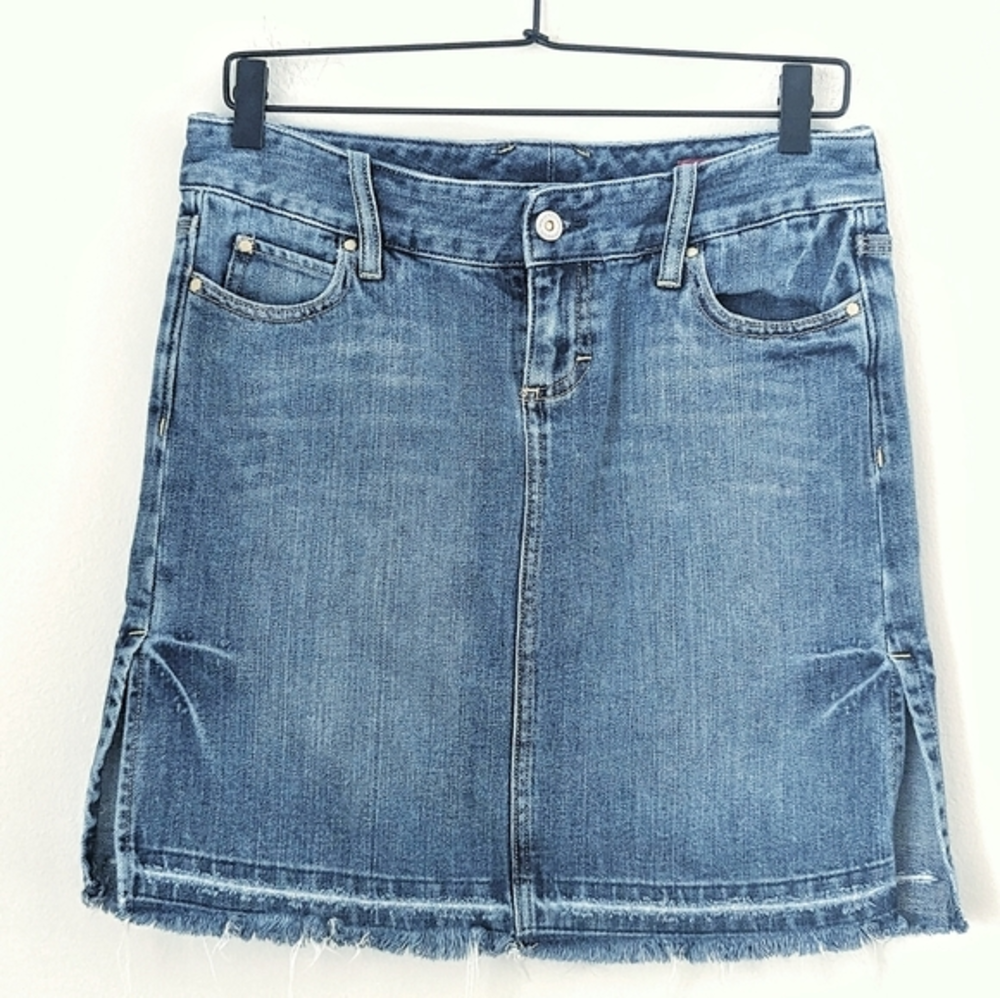 X2 Denim Laboratory 100% Cotton Jean Mini Skirt Distressed Two Tone Hem‎ Size 2